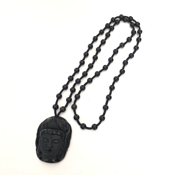 BUDDHA / SHIVA Handcrafted w Natural Black Onyx Knotted Long Necklace NWOT - Picture 5 of 8